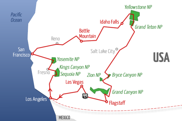 mappa stati uniti : itinerario west coast